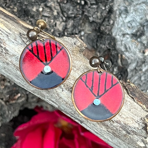 Vintage Matisse Enamel Copper Screw-Back Earrings – Mid-Century Modern Style - Picture 1 of 4